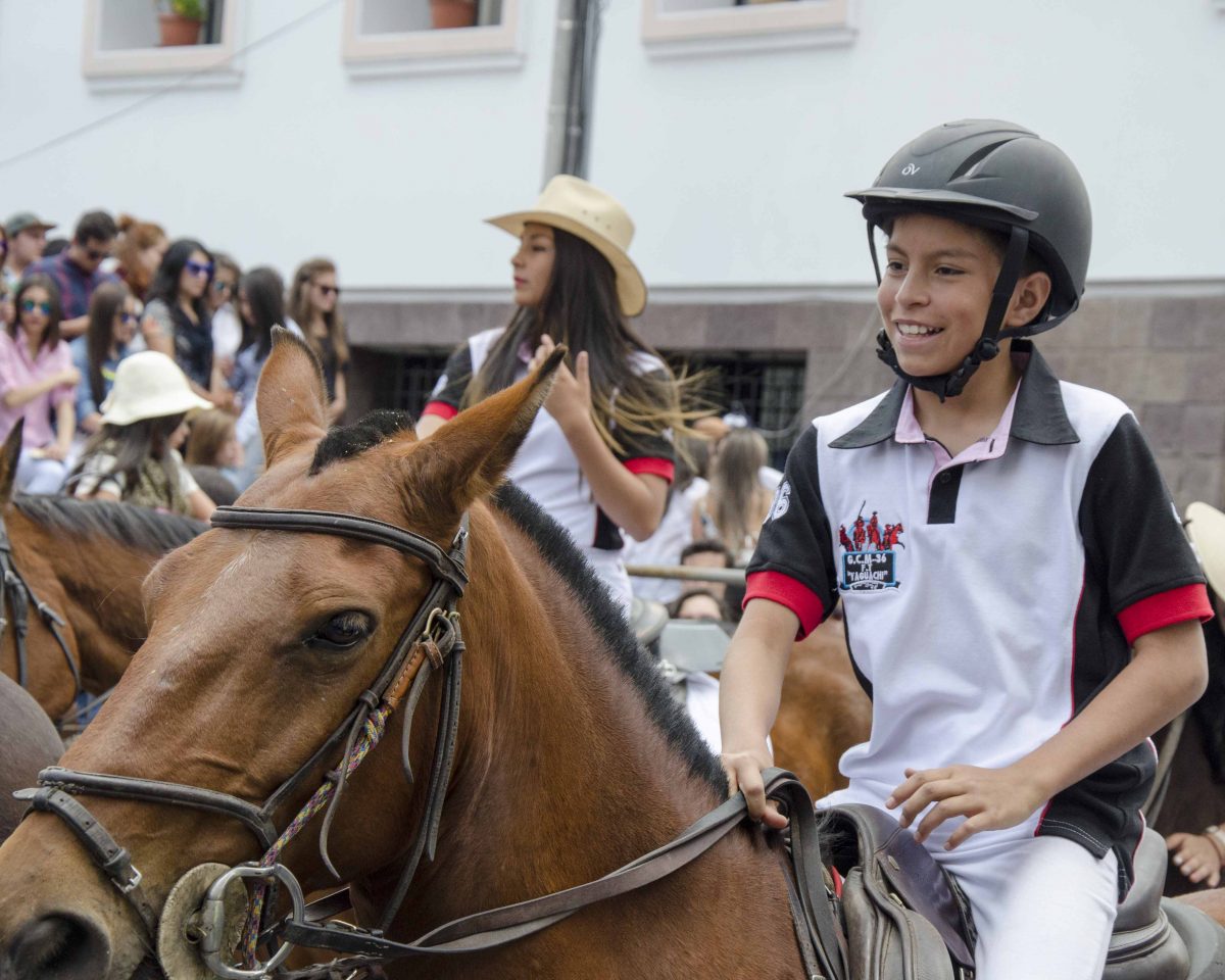 A young man in polo shirt and helmet on a roan horse