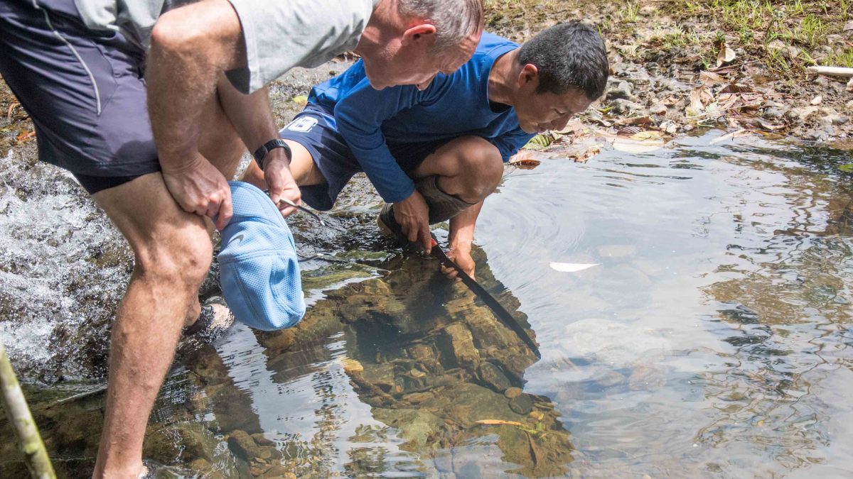 Dos hombres miran en un estanque de agua en busca de cangrejos de río