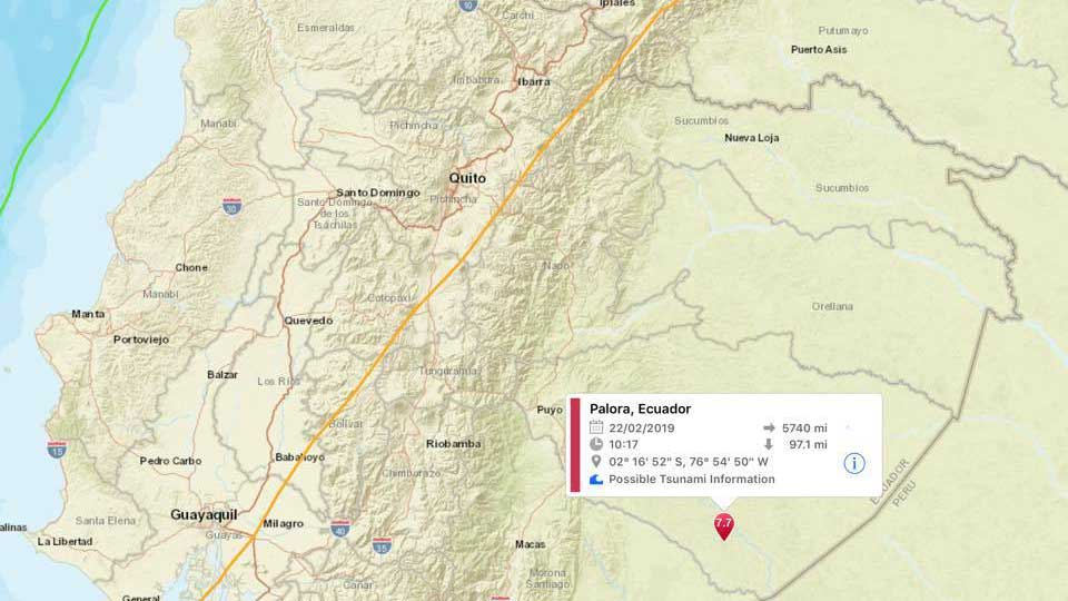 Epicenter of the February 22, 2019 earthquake near Macas, Ecuador | https://www.quakefeed.com/