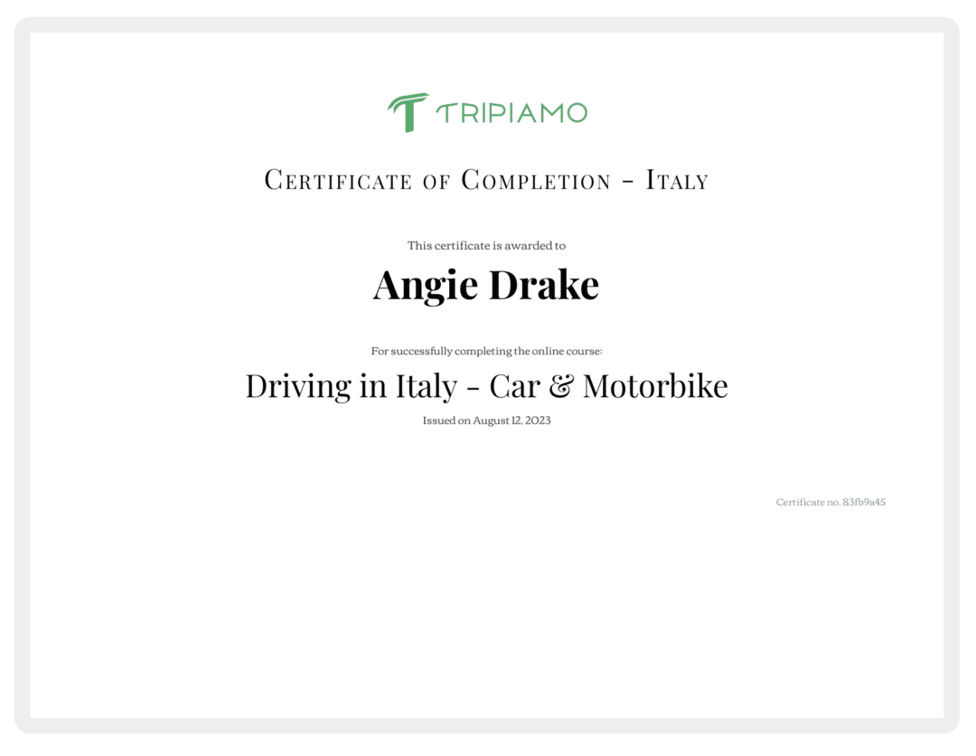 Certificado del curso en línea Tripiamo Driving in Italy