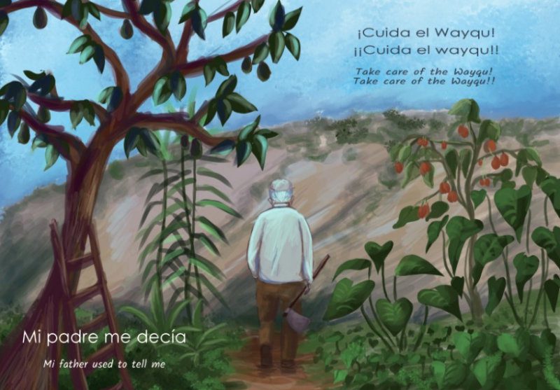 Un cuadro con un hombre caminando bajo las ramas de un árbol hacia una montaña. Las palabras decían: Cuida el Wayqu, Mi padre me decía 