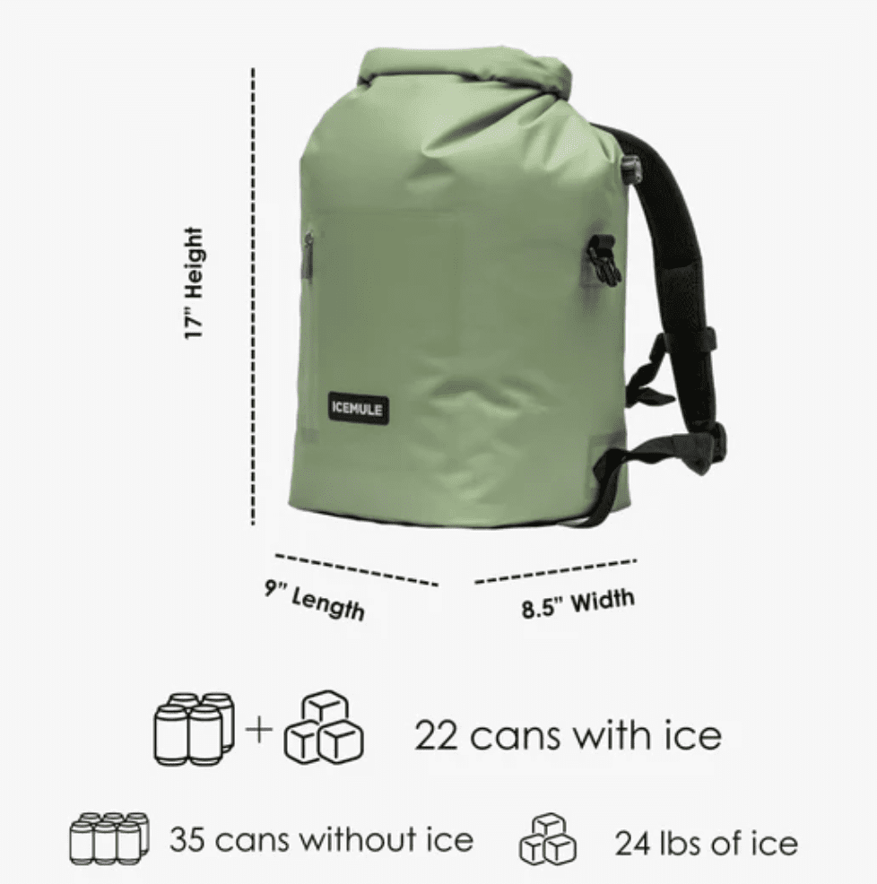 La nevera de mochila flexible ICEMULE R-Jaunt 20L La nevera tipo mochila ICEMULE R-Jaunt 20L de paredes blandas con dimensiones