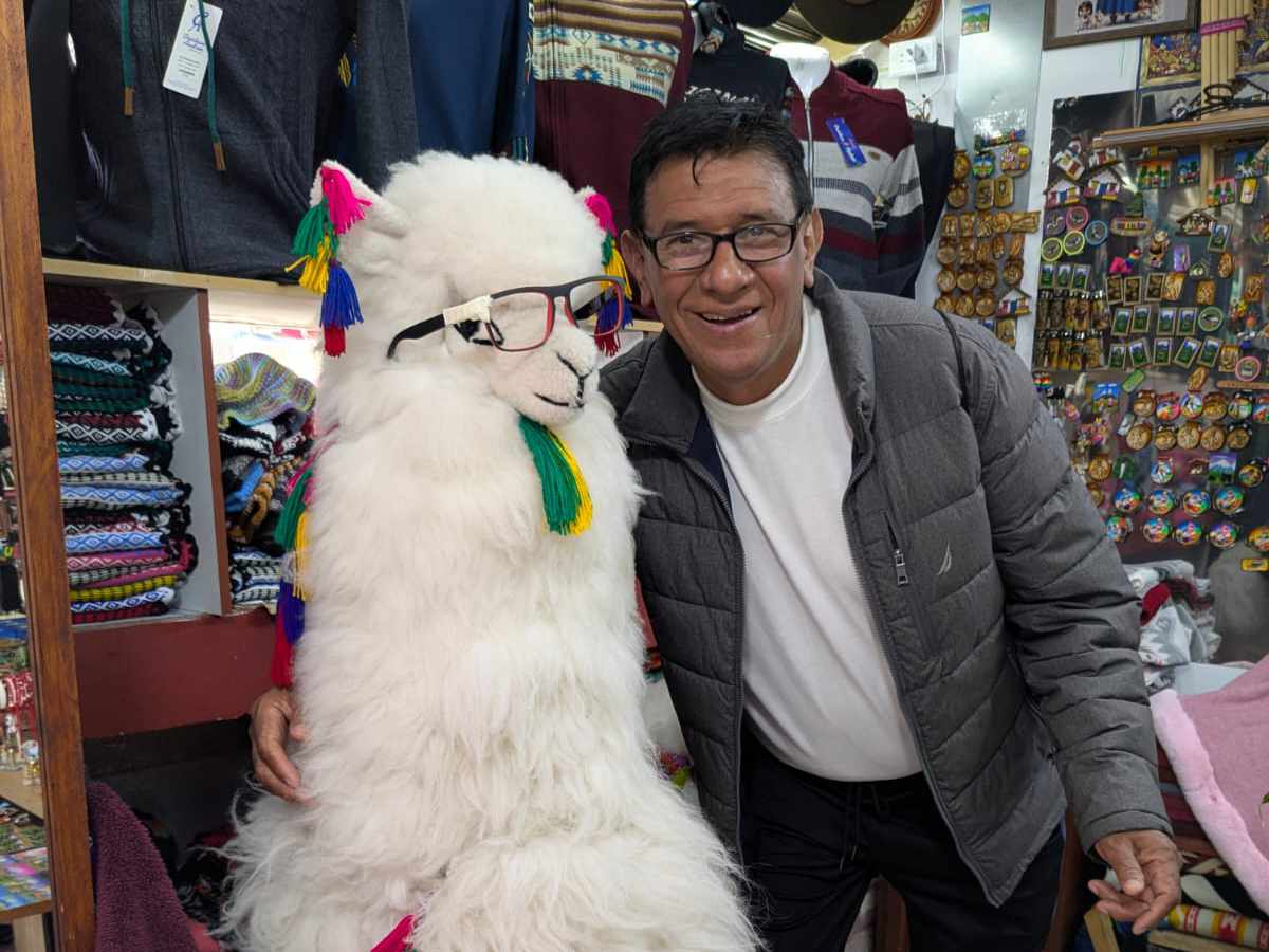 Artesanías en Tulcán A man in glasses and puffy jacket puts his arm around a stuffed life-sized llama and smiles for the camera.